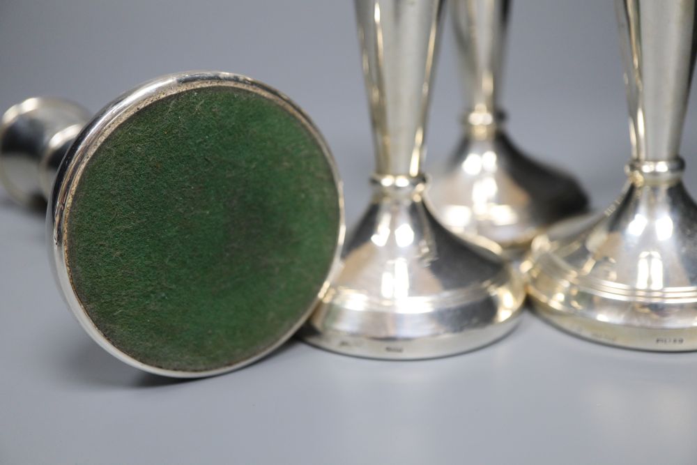 Two pairs of modern silver candlesticks, C. Ltd, Birmingham, 1985 and JM, Birmingham, 1989, 14.5cm, all weighted.